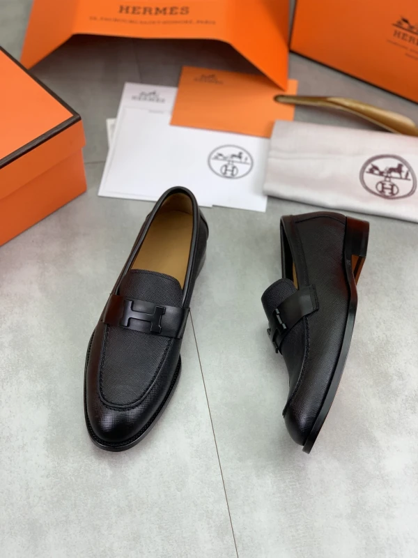 All-Black Hermès Men's Textured Crosshatch Leather Matte 'H' Buckle Loafers