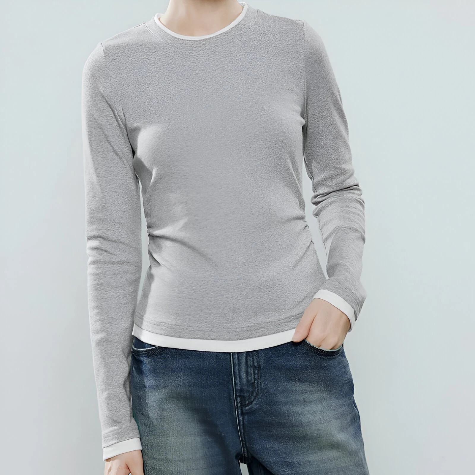 Asymmetric Color-Block Crew Neck Long-Sleeve Top for Women