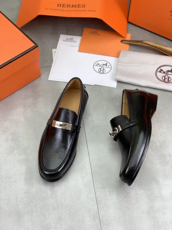 Jet Black Hermès Men's Crosshatch Textured Leather Silver Lock Buckle Loafers