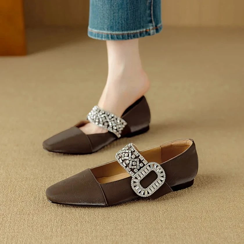 Square Toe Mary Jane Pumps with Low Heel & Rhinestone Buckle