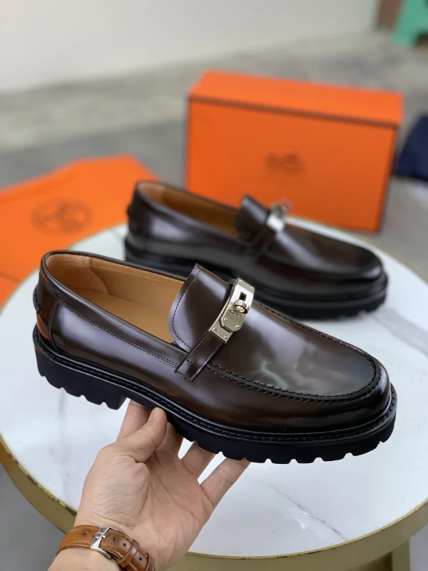 Espresso Dark Brown Hermès Men's Smooth Leather Lug-Sole Silver Lock Buckle Loafers