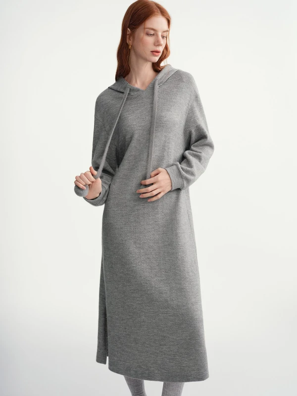 Winter Pom Pom Hooded Knit Dress with Drawstring Waist