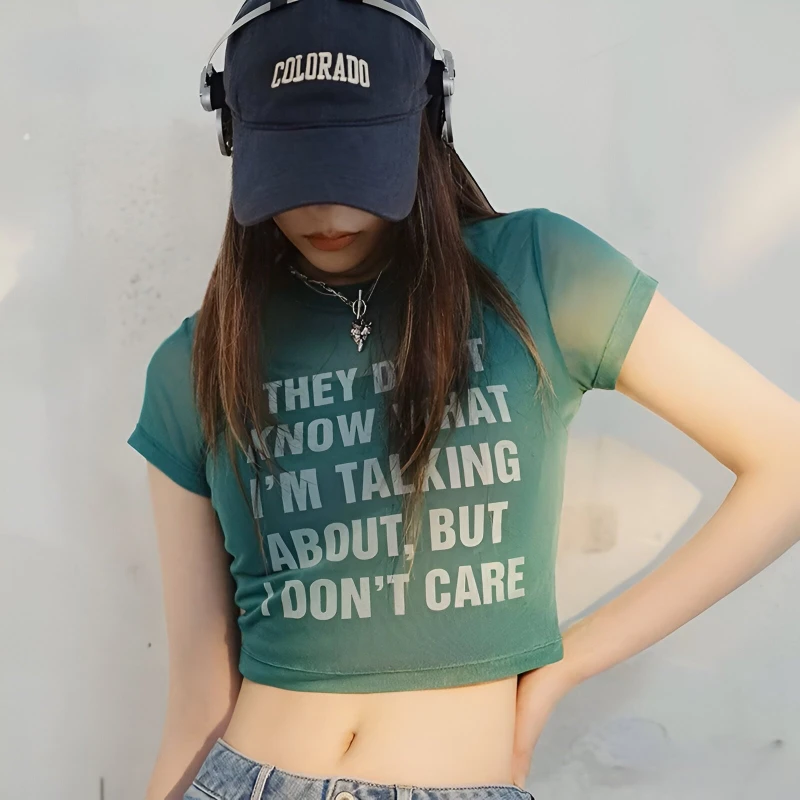 Retro Sheer Mesh Short-Sleeve Crop Top – Breathable & Slim Fit Summer Tee