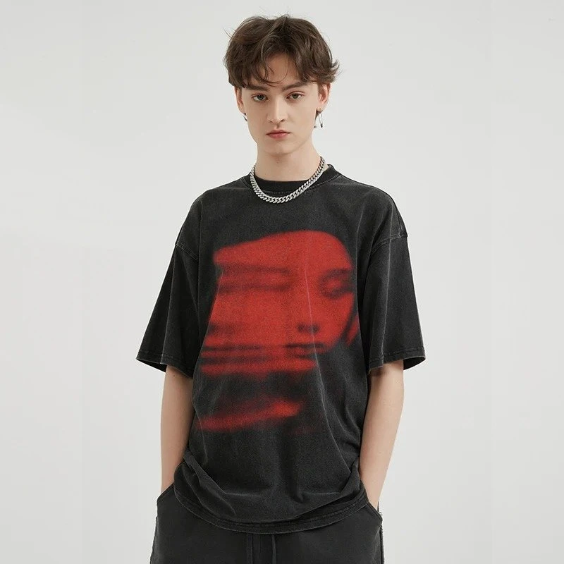 Washed Black Red Face Graphic T-Shirt