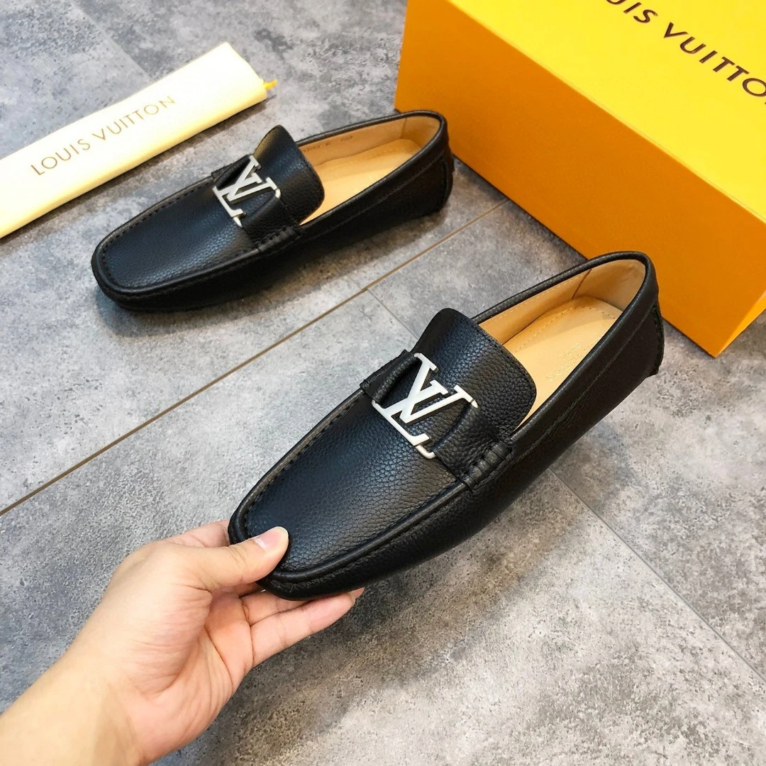 Textured Matte Black Louis Vuitton Men's Grained Leather LV Initial Buckle Loafers
