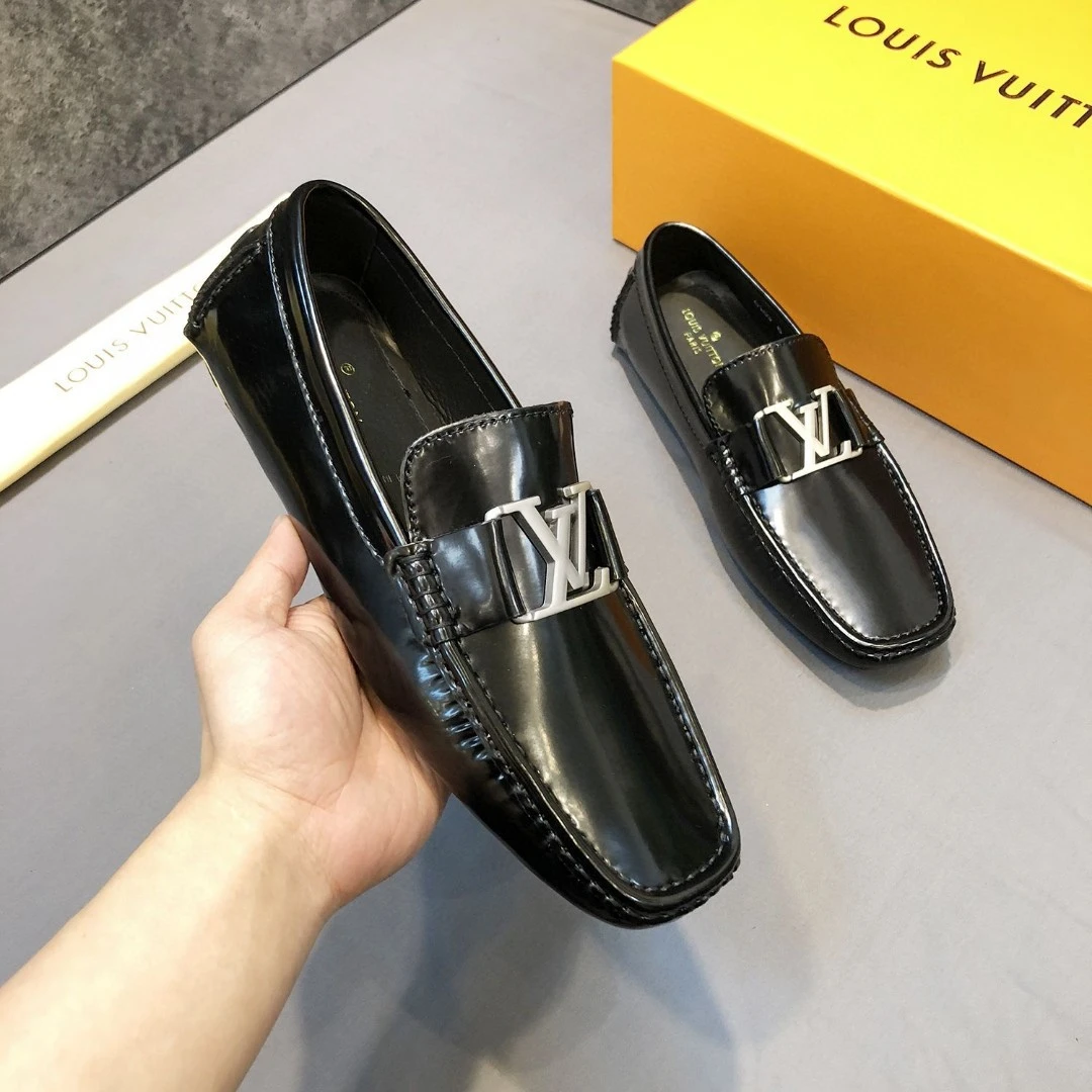 Sleek Black Louis Vuitton Men's Leather LV Initial Buckle Loafers