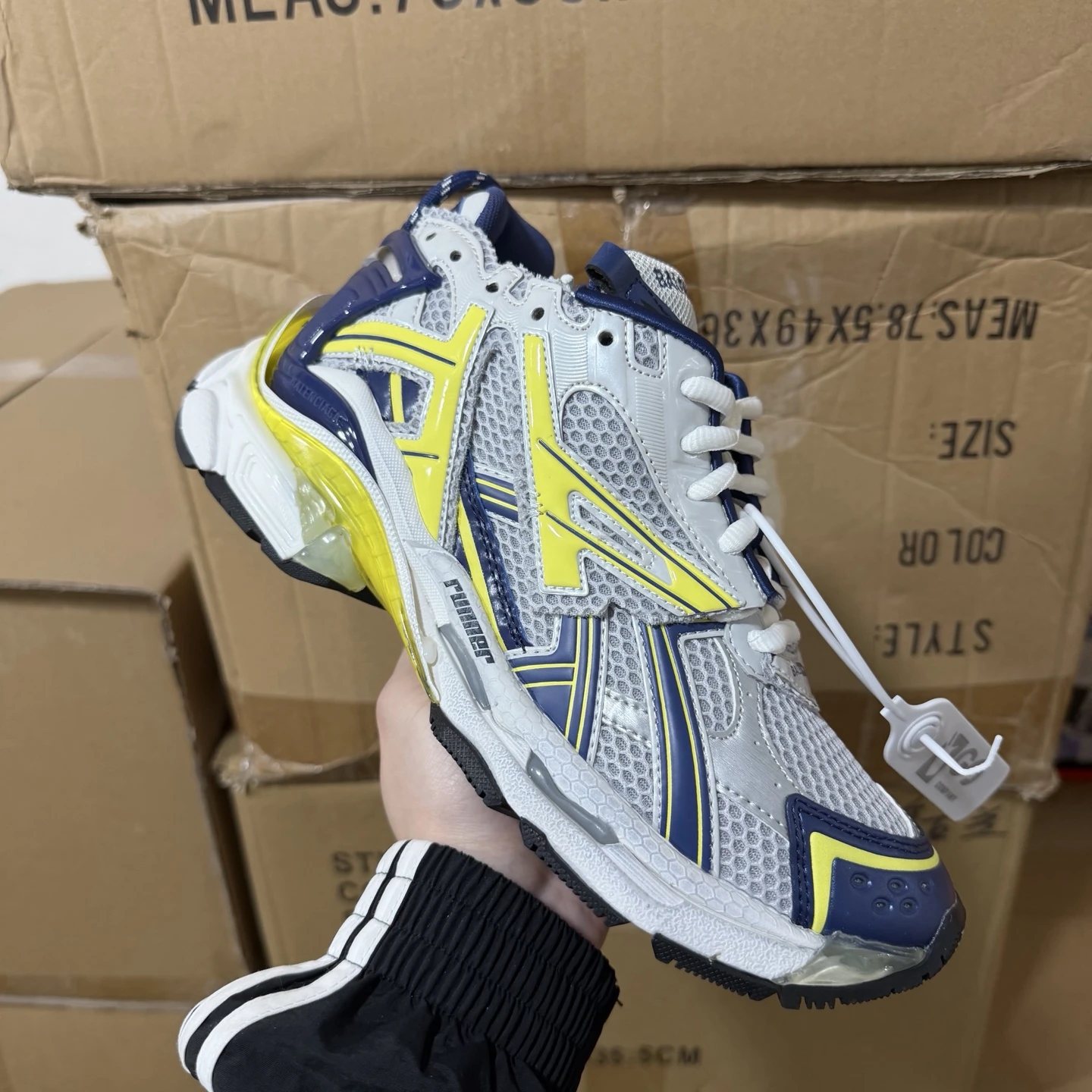 Balenciaga Track Sneaker – White, Navy & Neon Yellow Edition