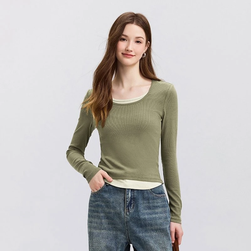 Women’s Color-Blocked Faux Two-Piece Short Style Pullover T-Shirt