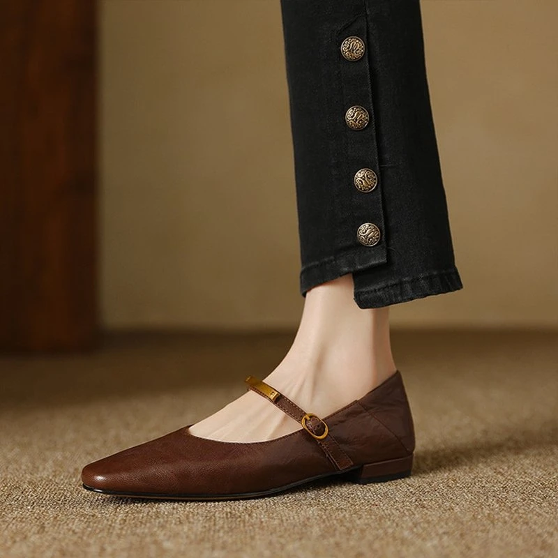 Genuine Leather Mary Jane Pumps with Square Toe and Low Heel