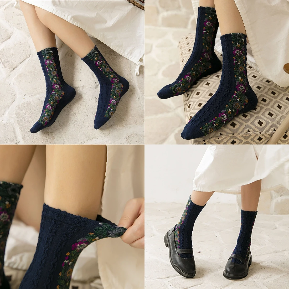 5 Pairs Women’s Casual Floral Mid Tube Socks - Spring Fashionable and Comfortable