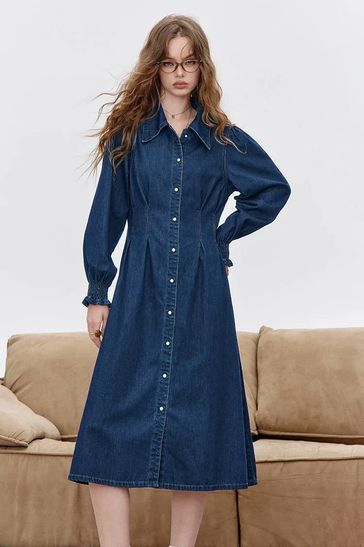 Crinkle Denim Waist-Tie Mini Dress – V-Neck Long Sleeve Office Style