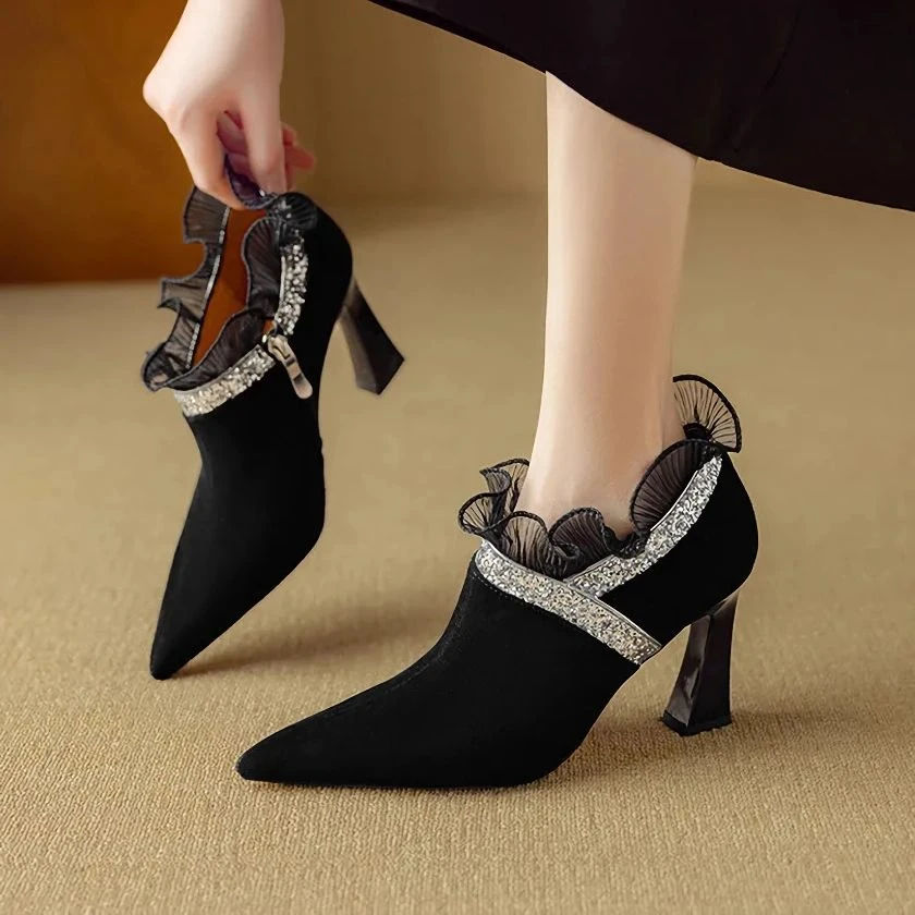 Pointed Toe Suede High Heel Pumps with Zipper & Lace Detail