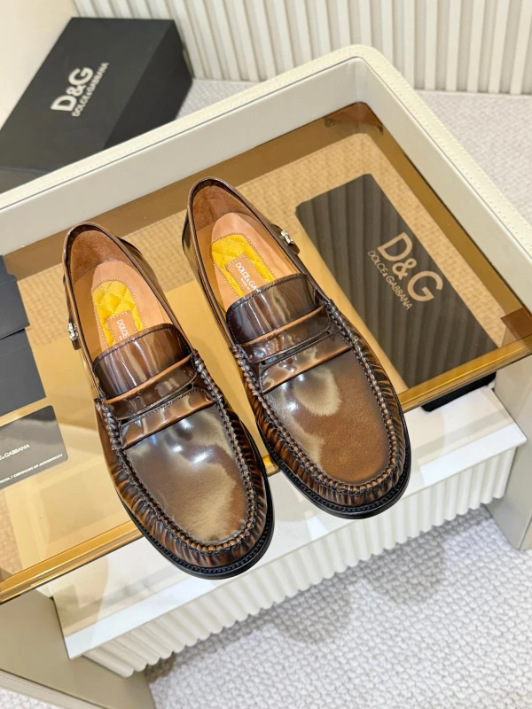 High-Shine Burnished Cognac Brown Dolce & Gabbana Men's Leather DG Penny Loafers