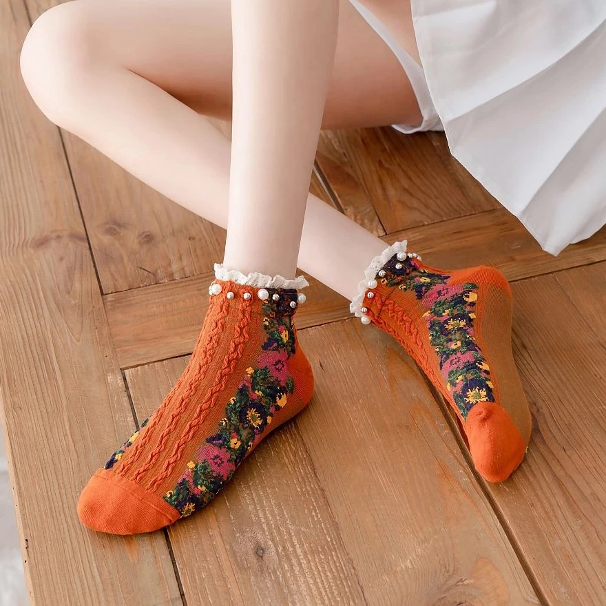 Chic Floral Pearl Ankle Socks - Retro Lolita Style with Cotton Twist