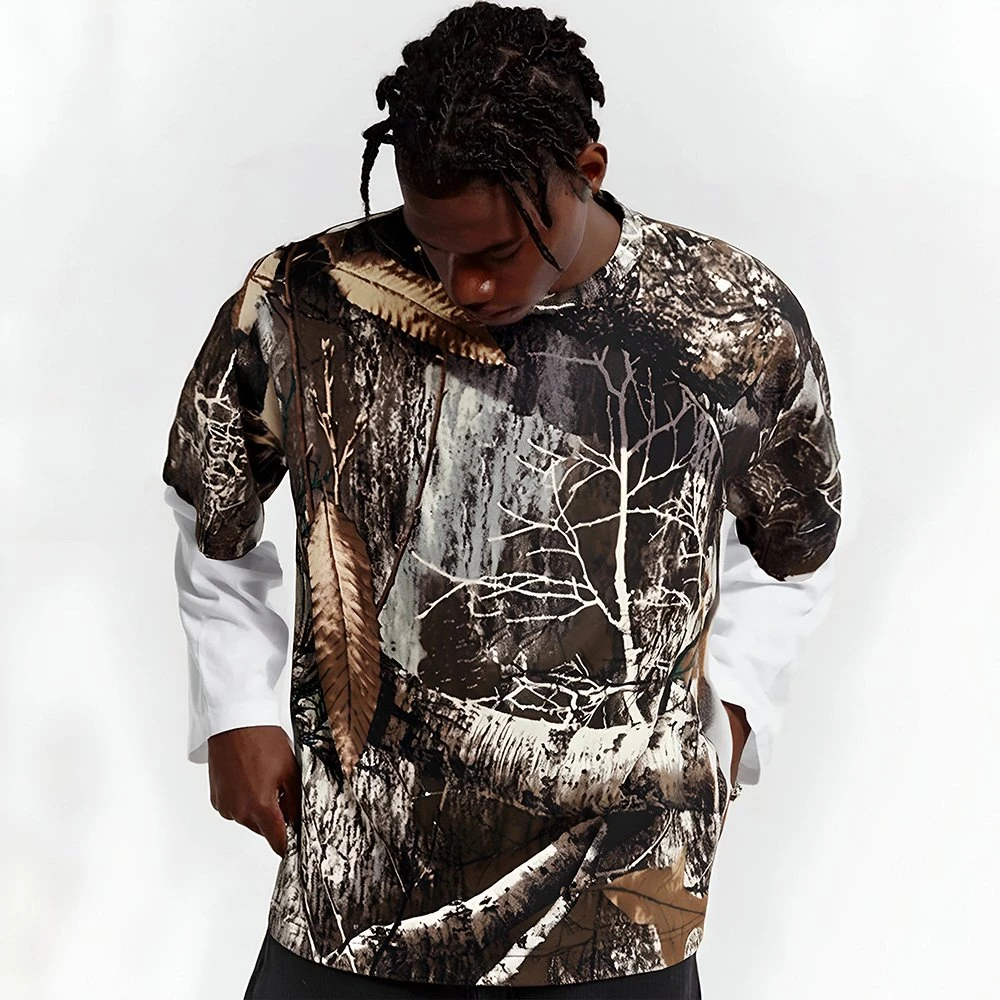 Men's Camo Patchwork Vintage Long Sleeve Streetwear Tee
