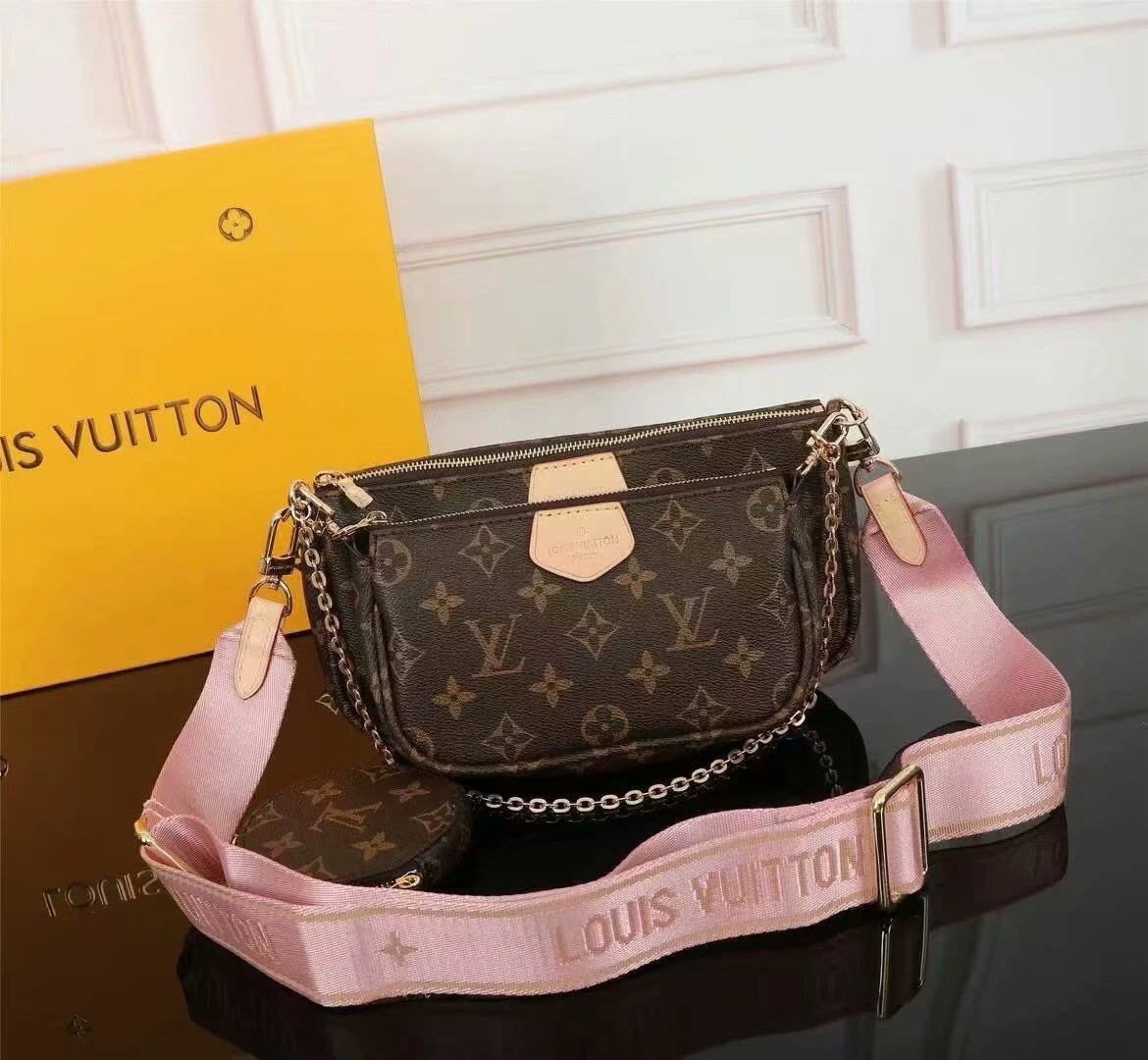 Louis Vuitton Multi Pochette Accessoires in Classic Monogram Canvas with Rose Clair Pink Strap