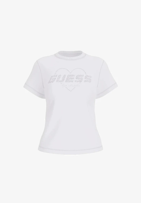 Guess Women's White Rhinestone Cotton T-Shirt - Stylish & Comfortable