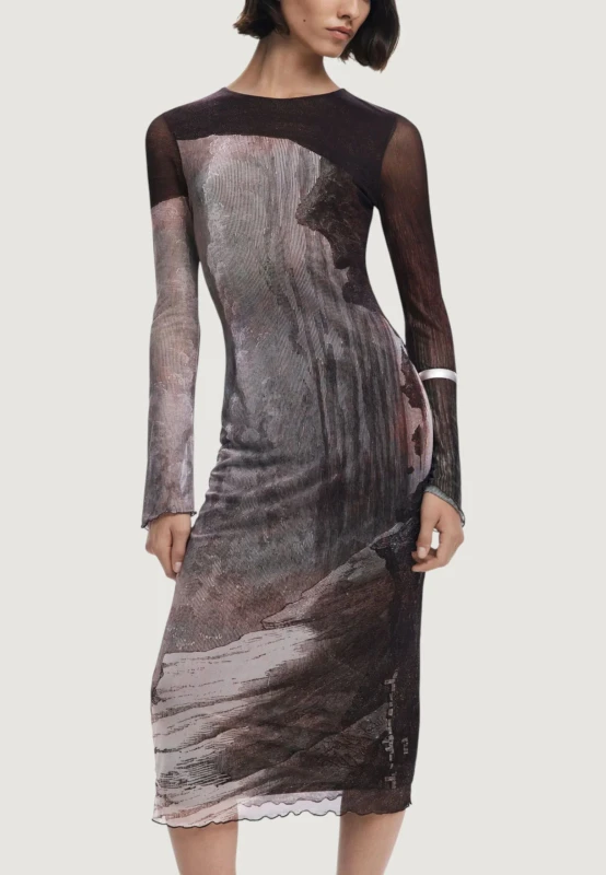 Desigual Brown Print Long Sleeve Dress for Women - Winter Collection