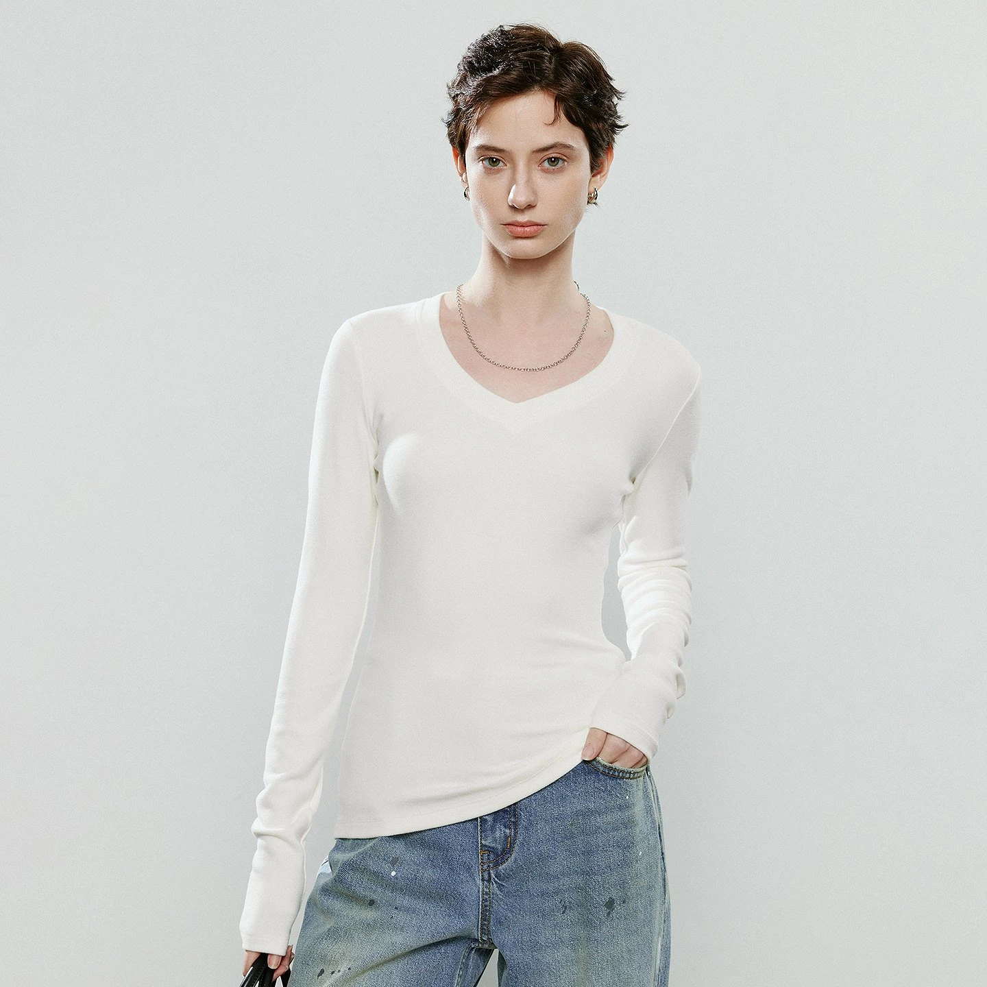 Women’s Asymmetric Warm V-Neck Slim-Fit Long-Sleeve Tope
