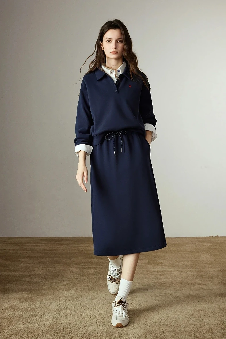 Retro Navy Blue Hoodie & Midi Skirt Fleece Two-Piece Winter Set