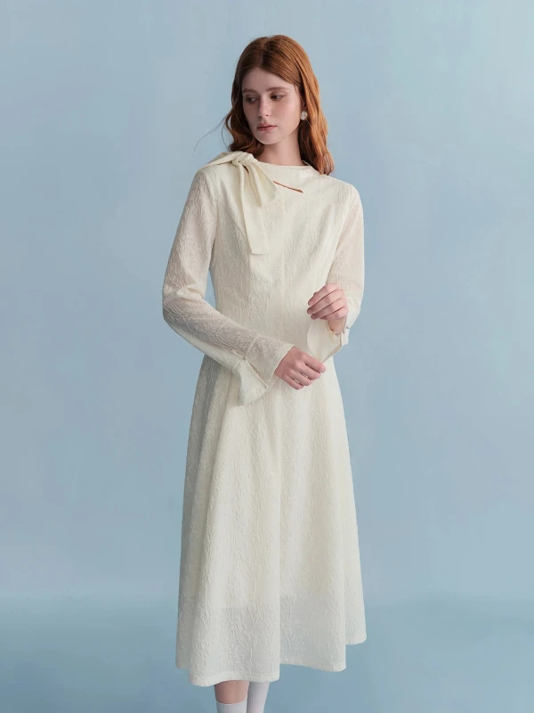 Elegant Beige Mid-Calf A-Line Dress with Long Sleeves for Women