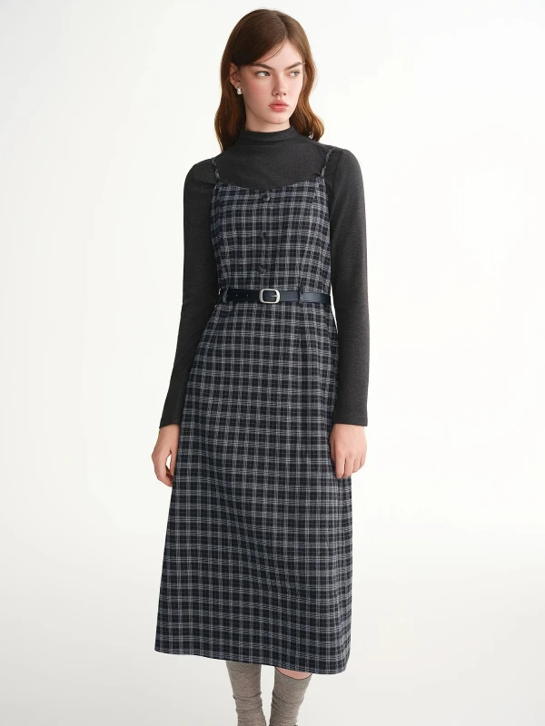 Plus Size Plaid Vest Layered Midi Dress 2-Piece Winter Set