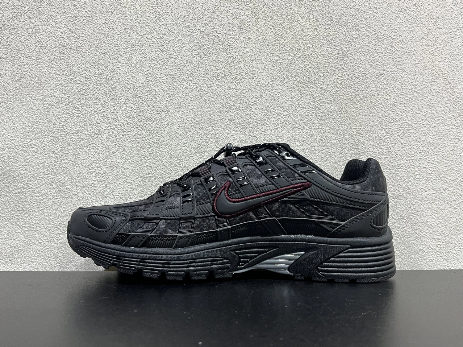 Nike P-6000 Triple Black with Burgundy Swoosh Running Sneakers – Retro Lifestyle Sports Shoes