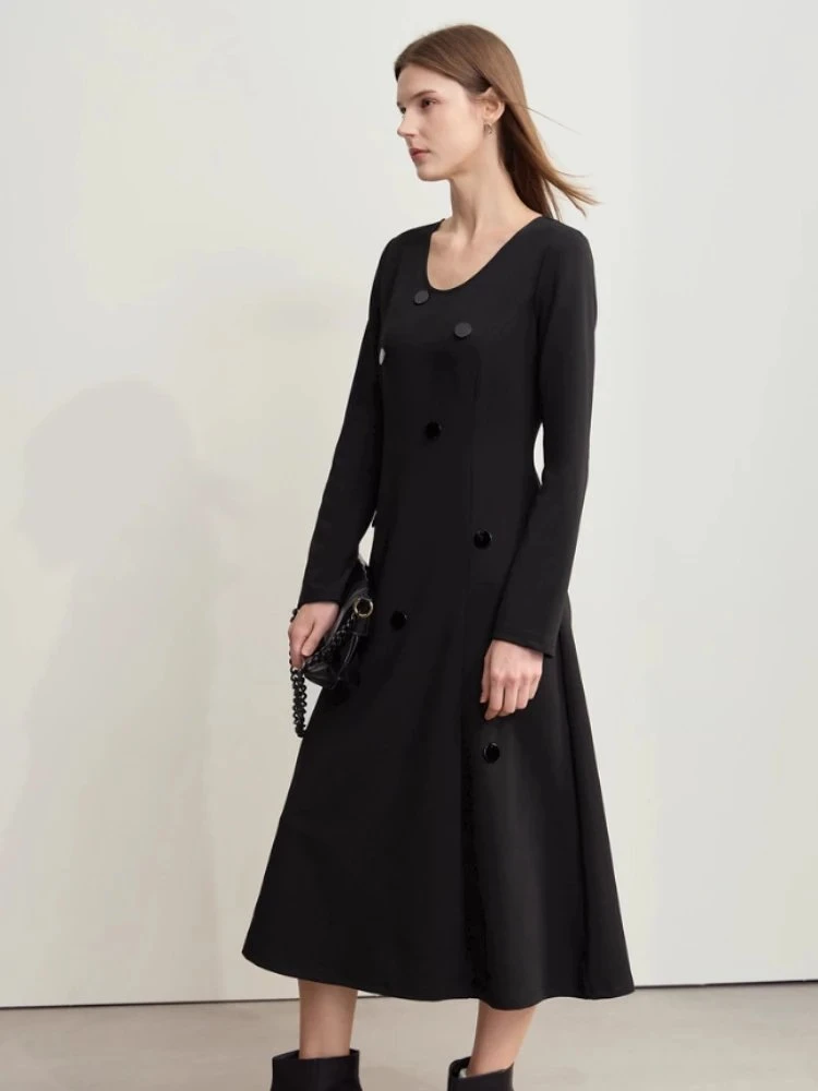 Elegant Casual U-Neck Midi Dress for Women – Slim Fit & Flowing
