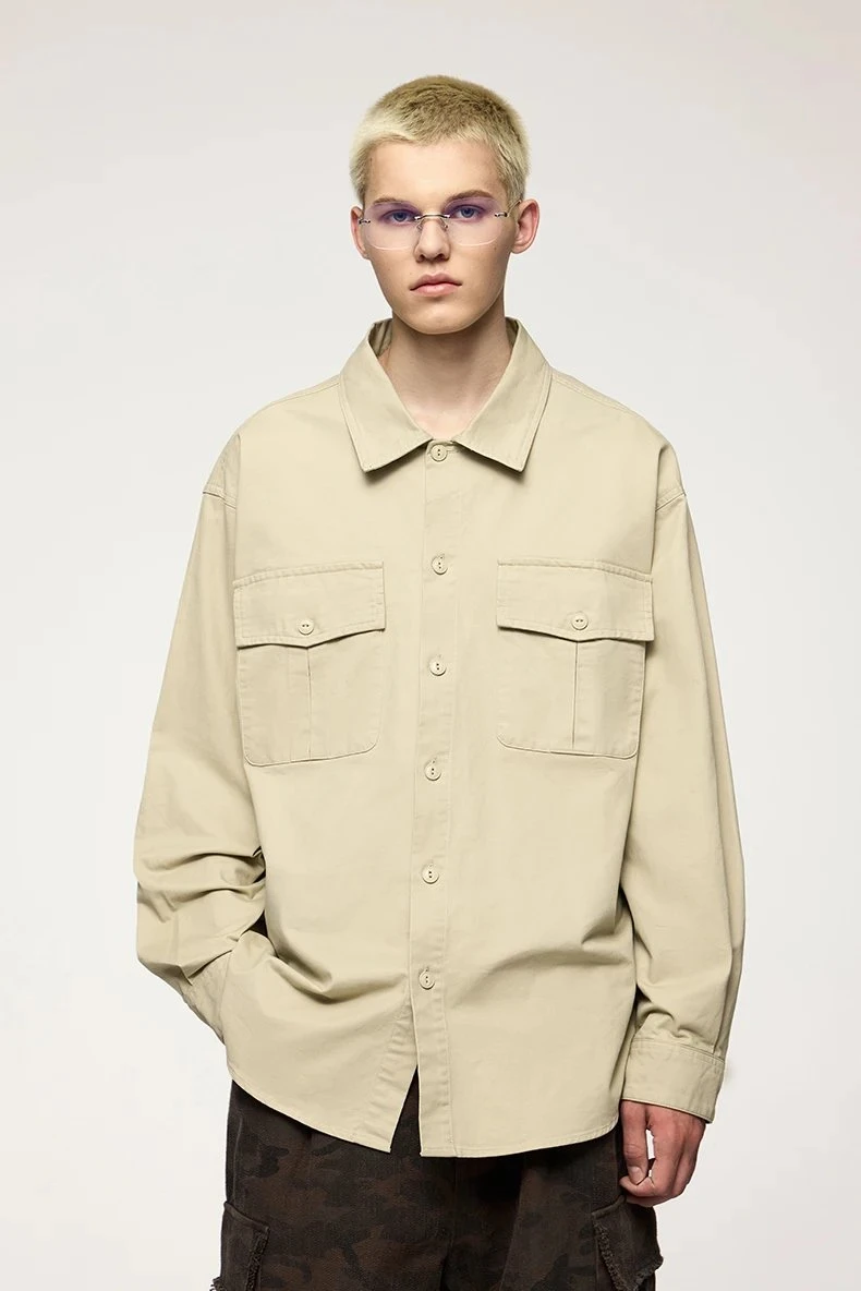 Men’s Vintage Turn-Down Collar Cotton Shirt with Pockets