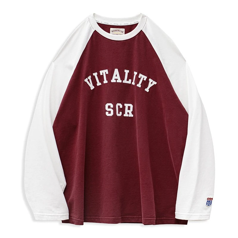 Women's Cotton Long Sleeve T-Shirt – Burgundy Contrast Round Neck Loose Fit