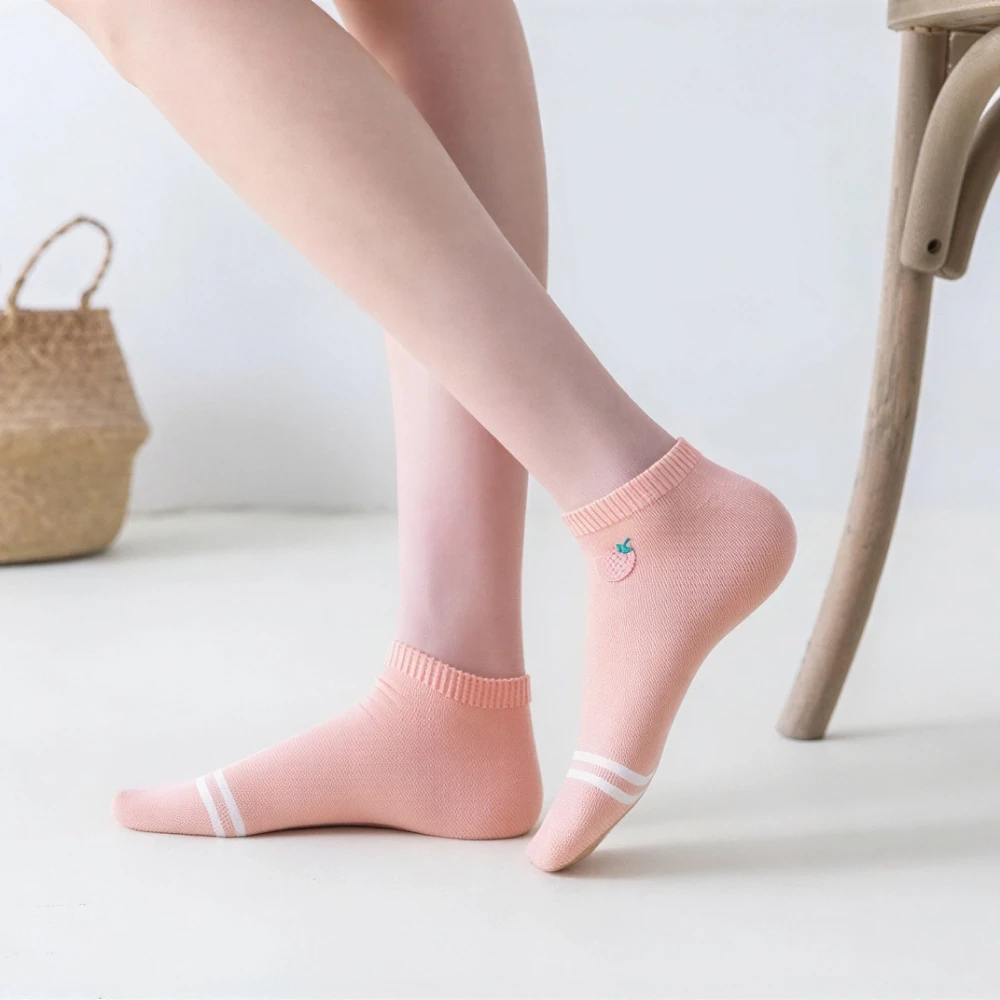 5 Pairs Fashionable Cotton Strawberry Low Cut Ankle Socks for Women & Girls
