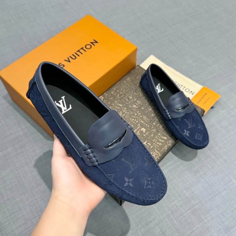 Monogram Debossed Navy Blue Louis Vuitton Men's Suede Leather Strap Loafers