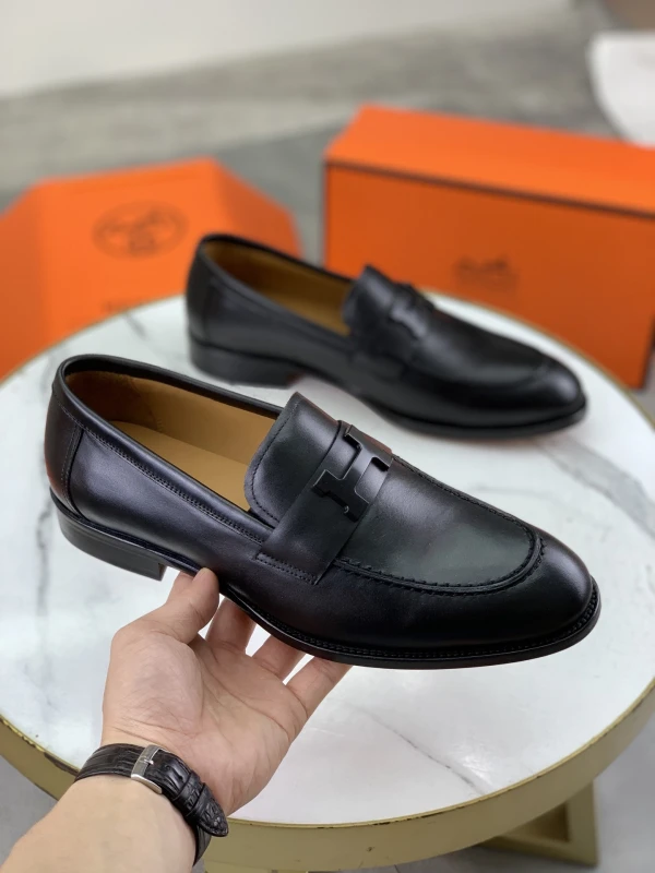 All-Black Hermès Men's Grained Leather Matte 'H' Buckle Loafers
