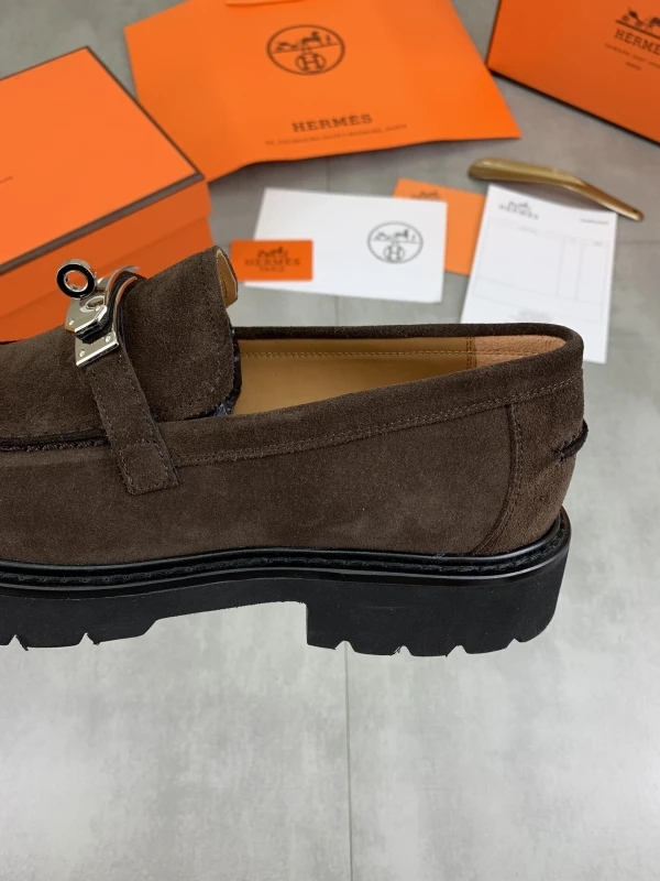 Dark Chocolate Brown Hermès Men's Suede Lug-Sole Silver Lock Buckle Loafers