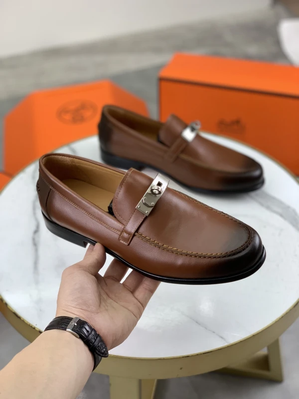 Cognac Tan Brown Hermès Men's Smooth Leather Silver Lock Buckle Loafers