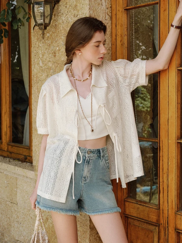 Women's Summer Knit Lace Cardigan – Short Sleeve Tie Front Cover-Up