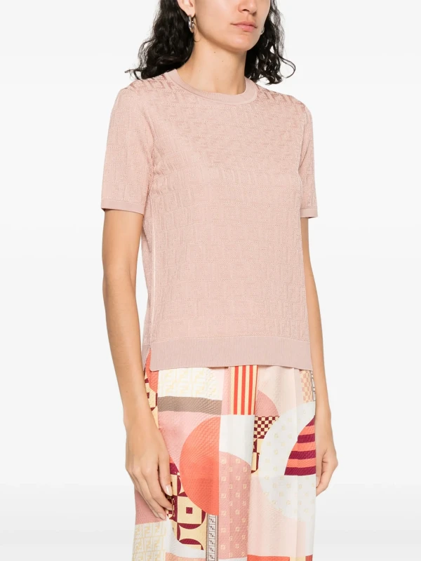 FENDIFF Jacquard Light Pink Crew Neck T-shirt - Stylish Cotton Viscose Blend