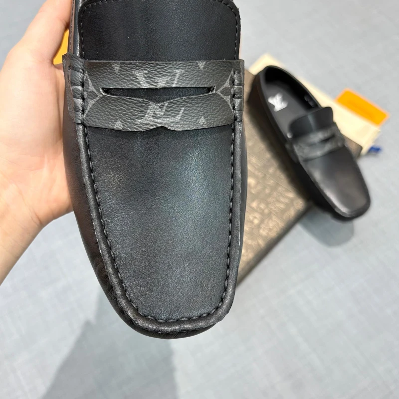 Smooth Jet Black & Monogram Eclipse Louis Vuitton Men's Leather Strap Loafers