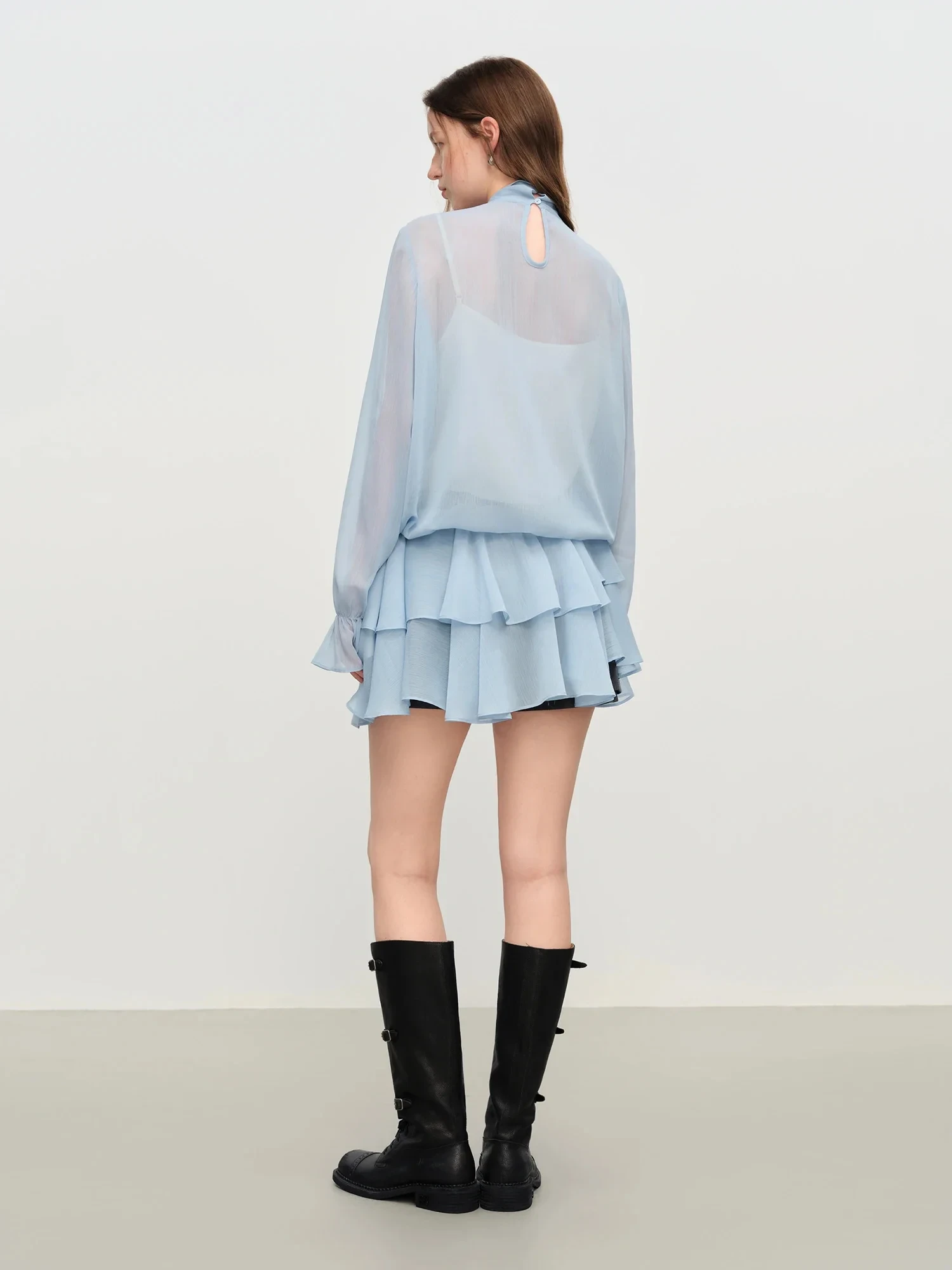 Chiffon Ribbon Ruffled T-shirt with Layered Two-piece Suit for Women