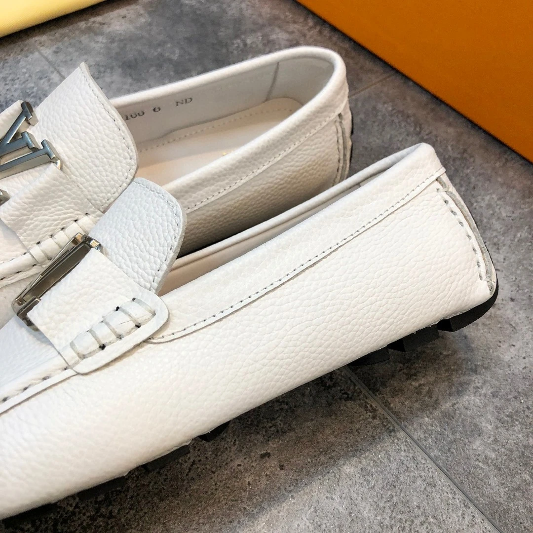 Textured Crisp White Louis Vuitton Men's Grained Leather LV Initial Buckle Loafers