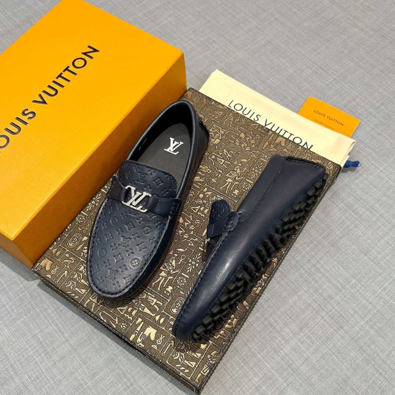 Monogram Embossed Navy Blue Louis Vuitton Men's Leather LV Initial Buckle Loafers