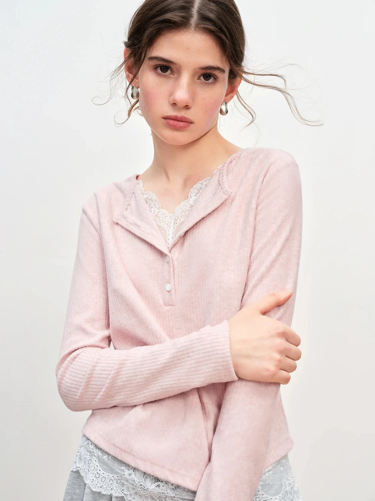 Winter Women's Slimming Contoured Fit Mock Layer T-Shirt - Textured Lace Trim Knit Top