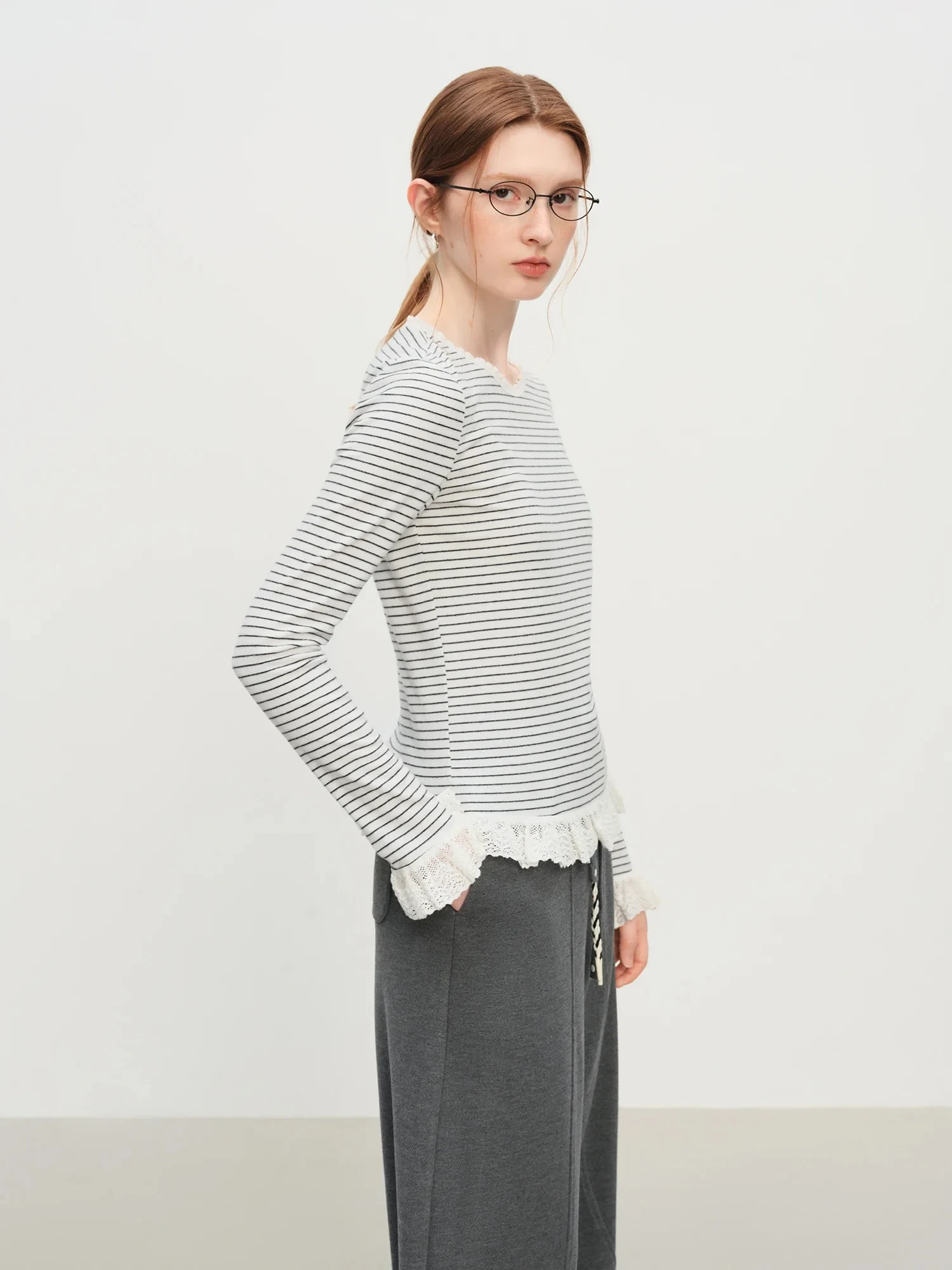 Women's Striped Knit T-Shirt with Lace Trim Long Sleeve Soft Stretch Layer Top