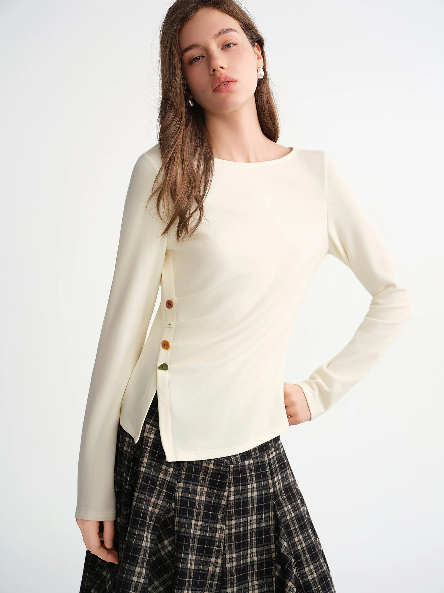Women's Velvet Fleece Side Slit T-Shirt - Thermal Brush Slim Fit Long Sleeve Top