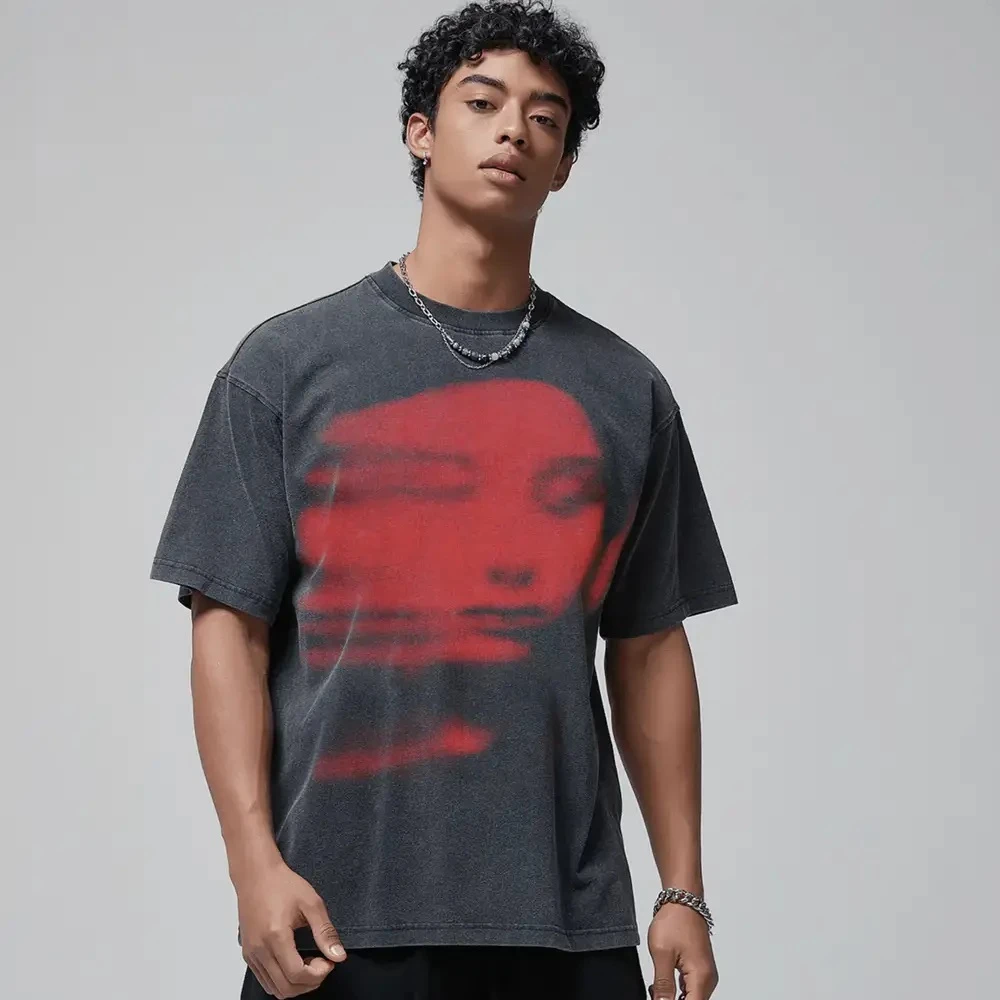 Washed Black Red Face Graphic T-Shirt