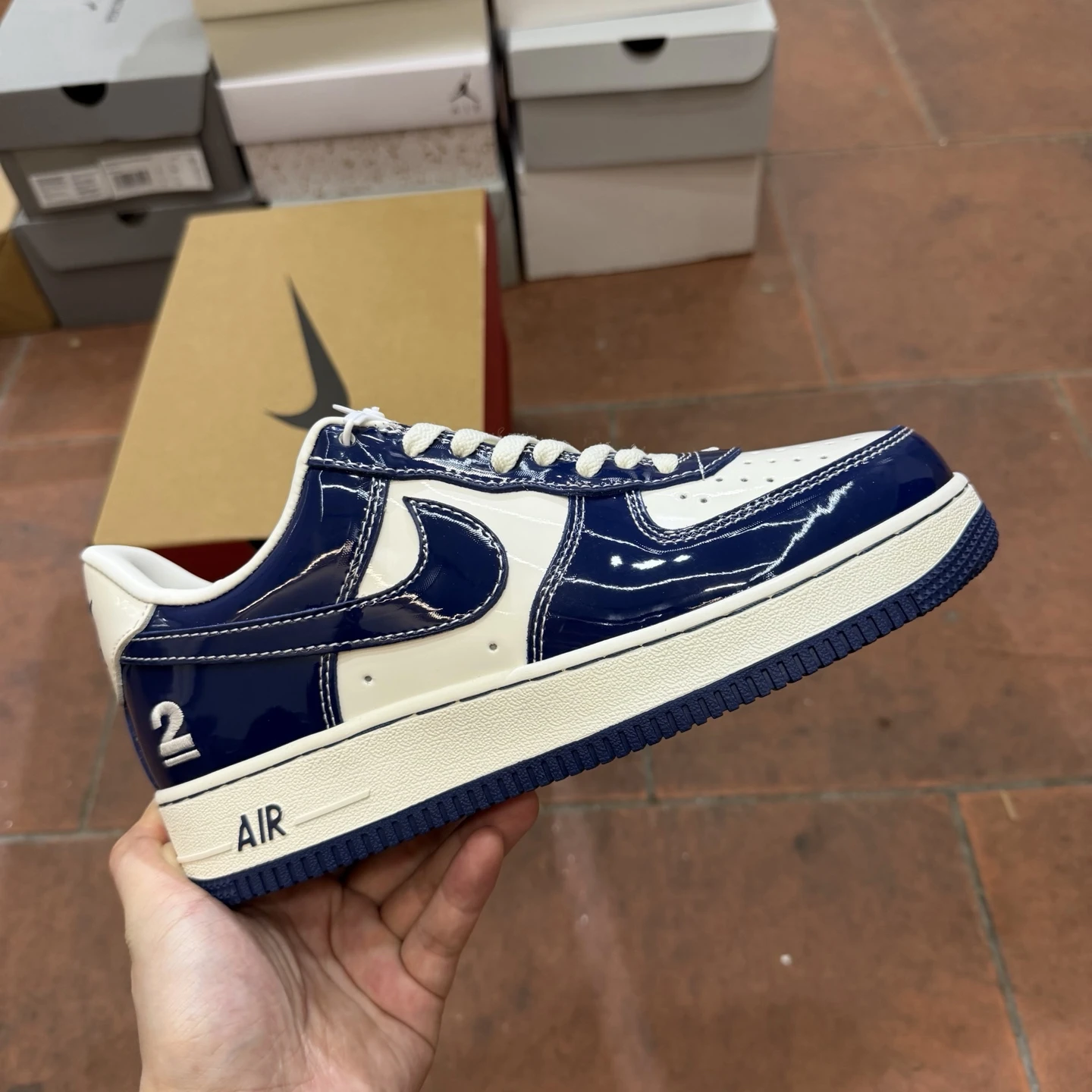 Nike Air Force 1 Low Sneakers – White & Navy Blue Patent