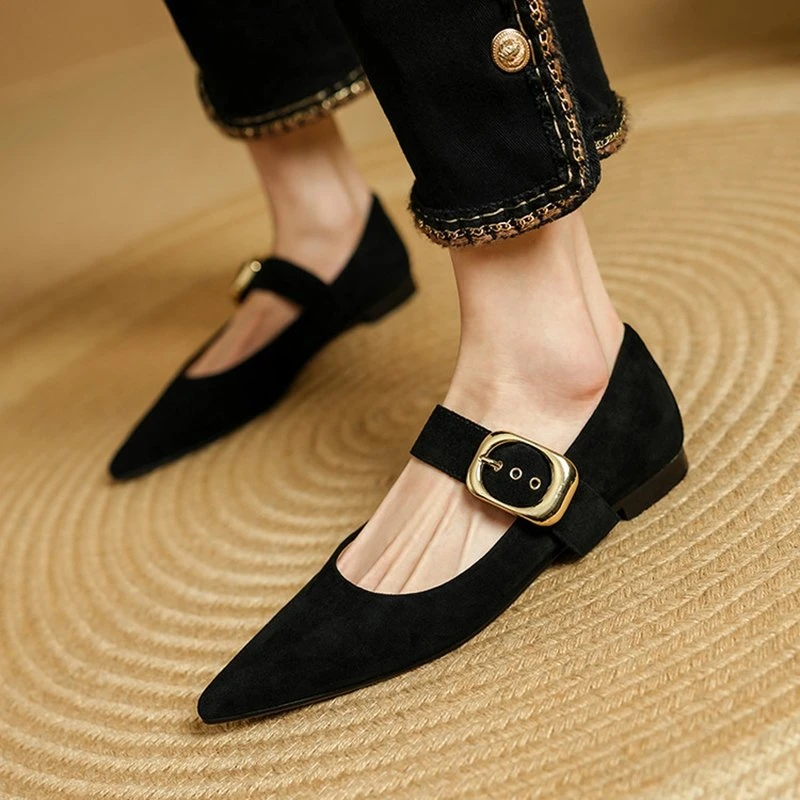 Women’s Pointed Toe Suede Mary Jane Pumps with Low Heel