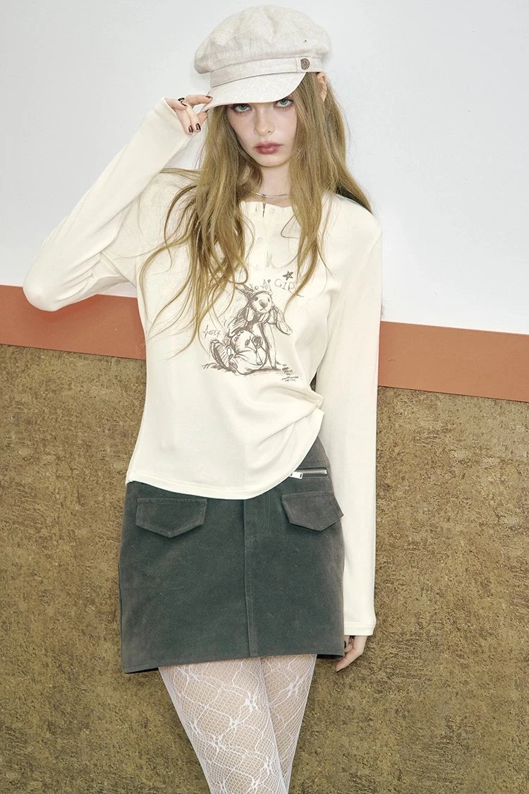 Casual Loose Fit Bear Print Layering Tee for Women