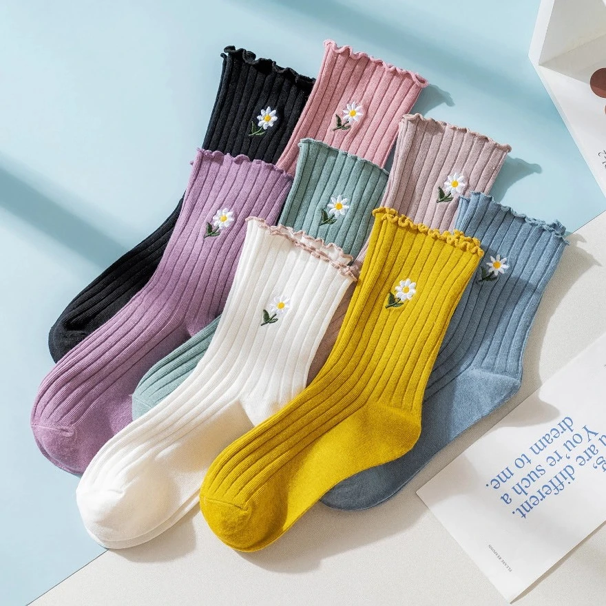 Sleeping Beauty Floral Embroidery Women's Socks - Cute Kawaii Mori Girl Style
