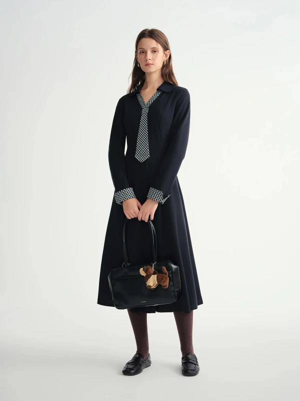 Women's Winter Plaid Tie-Neck Shift Dress with Asymmetric Panel Design
